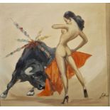 J Vela  Oil on canvas  Nude female as a bullfighter, signed lower right, 49cm square