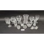Assorted glass tableware, including a Waterford cut glass vase, assorted wine glasses, brandy