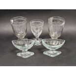 Pair of cut glass boat-shaped Regency glass salts, dentil borders, on star cut bases and three