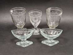 Pair of cut glass boat-shaped Regency glass salts, dentil borders, on star cut bases and three