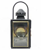 Large metal cased hanging lantern having three bevelled edge glass panels, each with brass mounts,