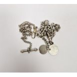 Two silver albert chains, one having two attached coins, both with lobster clasps, 49g in weight