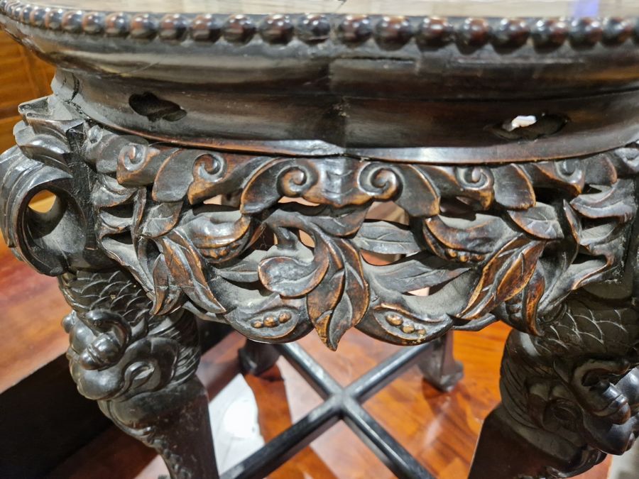 Chinese carved circular occasional table with marble inset top, united by cross stretchers, 56.5cm - Image 19 of 25