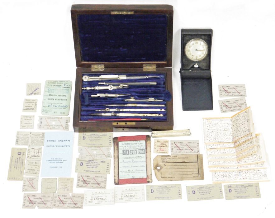 Assorted items to include an early 20th century travelling clock, a bone folding ruler marked G