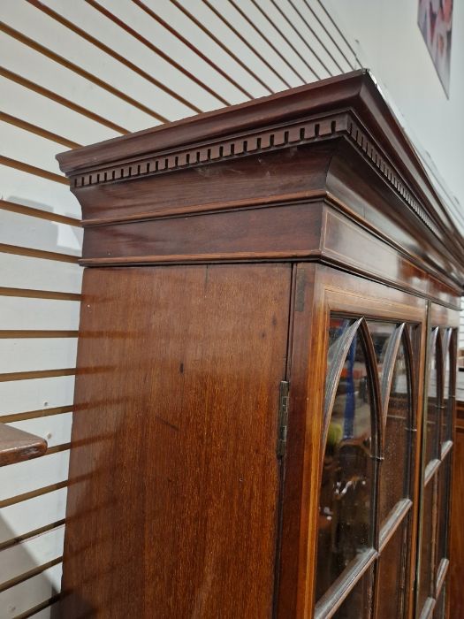 George III inlaid mahogany library bookcase having dentil and cavetto cornice, the top with two - Image 2 of 39