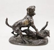 Bronze group of dog and cat playing, on oval base, circa 1850, signed ‘Pierre Rouillard' (1820-