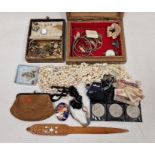 Assorted world coins, costume jewellery including beaded necklaces, cufflink and badges (2 boxes)