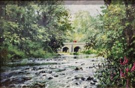 Hugh Gurney (b.1932)  Oil on board “The Bridge at Sheepwash Commons 2004”, bridge over stream,