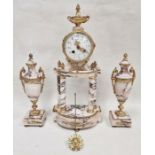 French gilt metal and ormolu marble clock garniture, the enamel drum-shaped movement with urn