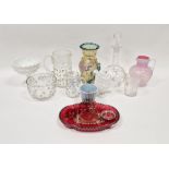 Group of coloured and press moulded glassware including an Aesthetic movement glass vase in the