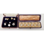 Set of six gold-coloured mother-of-pearl and possibly garnet dress studs in fitted box and another