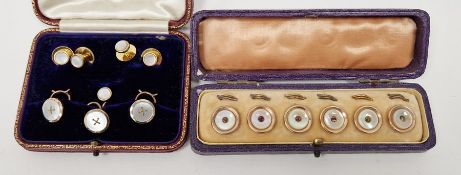 Set of six gold-coloured mother-of-pearl and possibly garnet dress studs in fitted box and another