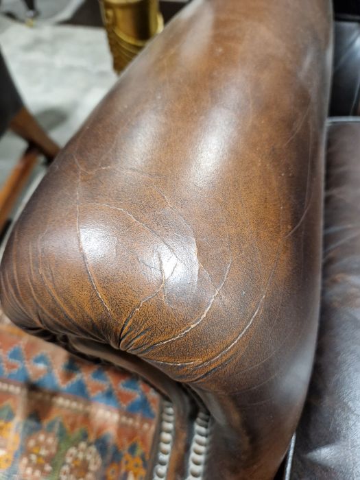 Pair of brown leatherette button upholstered Georgian-style armchairs with outscroll arms, - Image 16 of 37