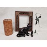 Assortment of collectables to include a large model seated cat, a stone vase of cylindrical form,