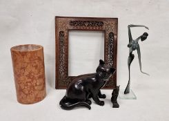 Assortment of collectables to include a large model seated cat, a stone vase of cylindrical form,