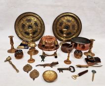 Assortment of metalware comprising mostly brass, to include pairs of candlesticks, a large jelly