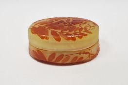 Galle cameo glass lidded trinket dish decorated with red flowers on yellow ground, height 5cm,