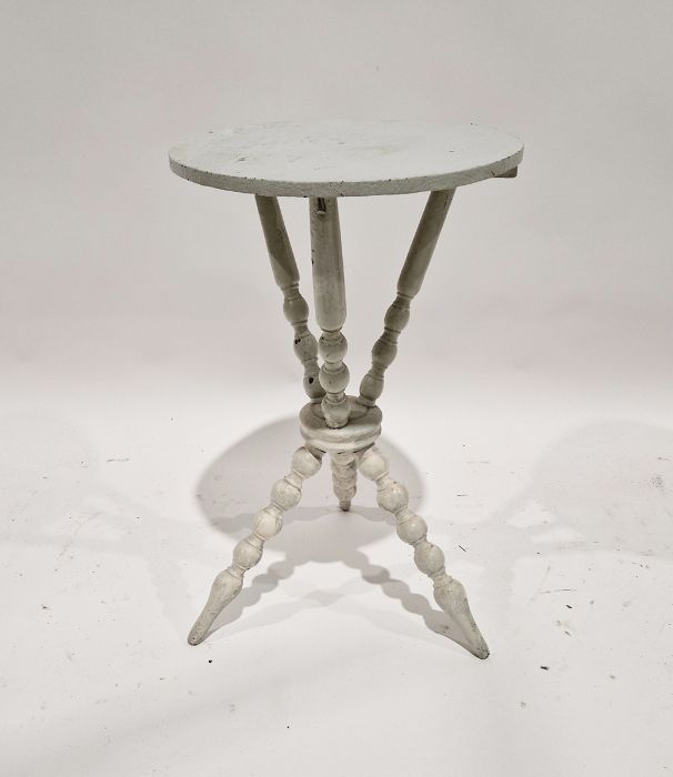 Late 19th/early 20th century pastel green painted bobbin occasional table, of circular form, tri-pod