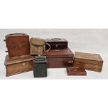 Collection of various boxes including a small writing slope, leather covered cash box and others,