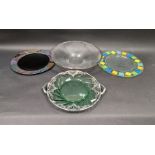 Assorted press moulded and coloured glass dishes including, a green tinted two-handed tray with