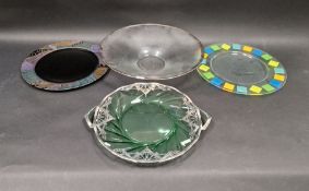 Assorted press moulded and coloured glass dishes including, a green tinted two-handed tray with
