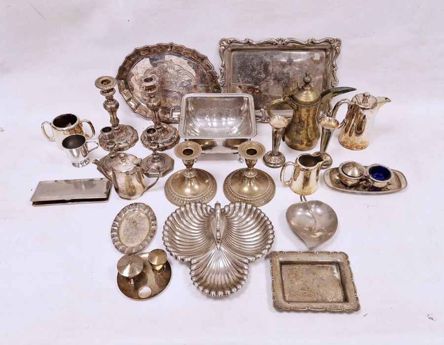 Assorted plated ware to include trumpet-shaped vases, serving dishes, christening cup, etc (1 box)