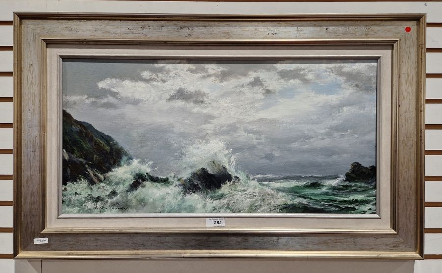 Hugh Gurney (b.1932)  Oil on board “The Angry Tide: North Devon. 2006”, rocky seascape with crashing - Image 2 of 3