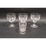 Three 19th century engraved glasses, engraved with hops and barley 16cms h.  and a cut and