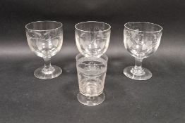 Three 19th century engraved glasses, engraved with hops and barley 16cms h.  and a cut and