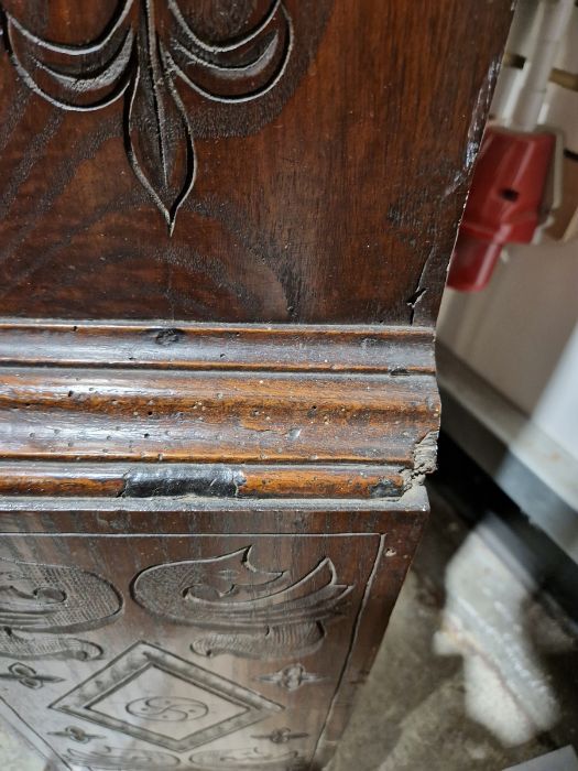 19th century heavily carved oak cased eight-day longcase clock, the 11" brass dial inscribed 'John - Image 18 of 45