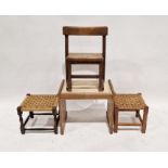 Oak child's stool, two further stools and an oak occasional table (4)