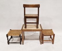 Oak child's stool, two further stools and an oak occasional table (4)