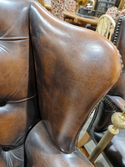 Pair of brown leatherette button upholstered Georgian-style armchairs with outscroll arms, - Image 20 of 37