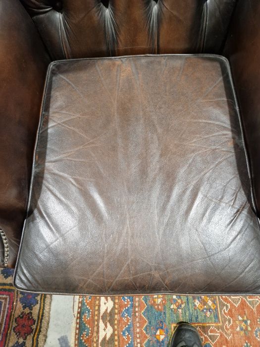 Pair of brown leatherette button upholstered Georgian-style armchairs with outscroll arms, - Image 8 of 37