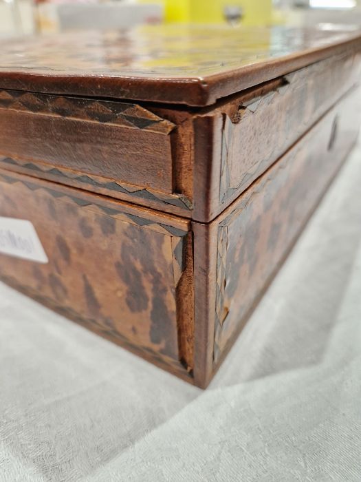 Early 20th century tortoiseshell veneer wooden box, of rectangular form, with inlaid marquetry - Image 10 of 18