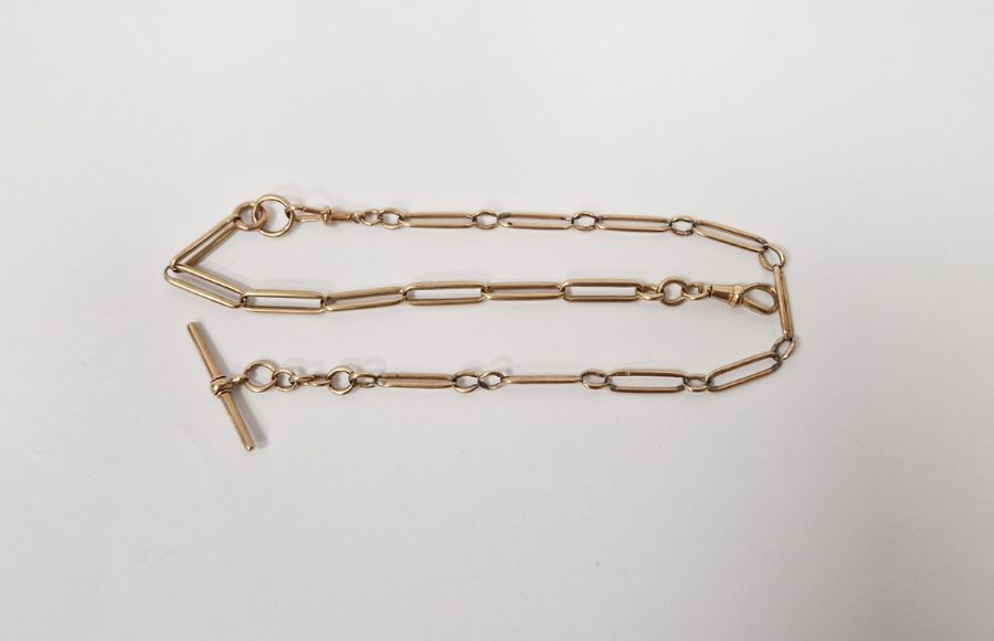 9ct gold albert chain, in two sections, with T-bar and two Lobster clasps, approximately 22.3g in