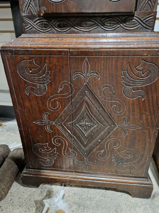 19th century heavily carved oak cased eight-day longcase clock, the 11" brass dial inscribed 'John - Image 7 of 45