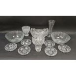 Collection of cut and engraved glassware including a large cut glass boat-shaped bowl cut with