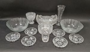 Collection of cut and engraved glassware including a large cut glass boat-shaped bowl cut with