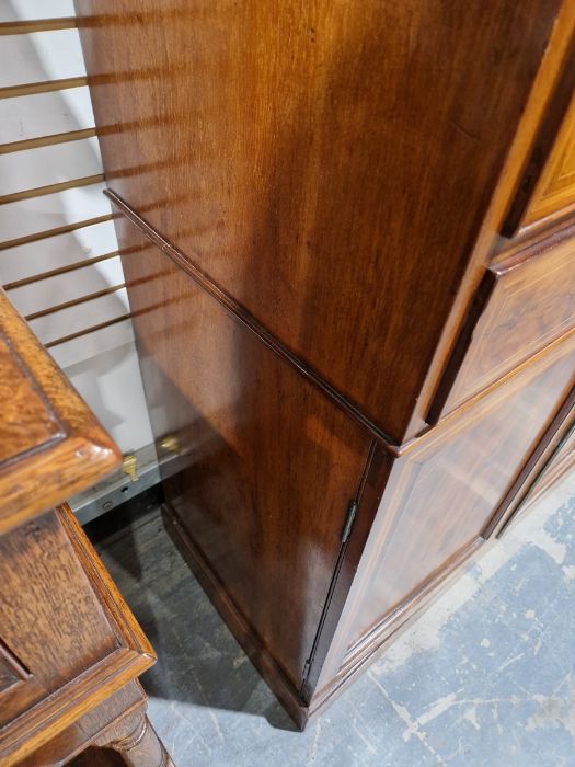 George III inlaid mahogany library bookcase having dentil and cavetto cornice, the top with two - Image 5 of 39