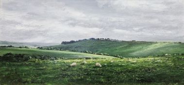 Hugh Gurney (b.1932) Oil on board "Showery Morning, North Molton Ridge, June 2005", moorland view