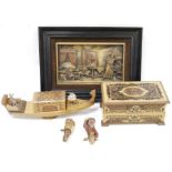 Two Black Forest carved wooden mechanical shaped bottle stoppers, a musical jewellery box, a musical