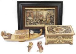 Two Black Forest carved wooden mechanical shaped bottle stoppers, a musical jewellery box, a musical