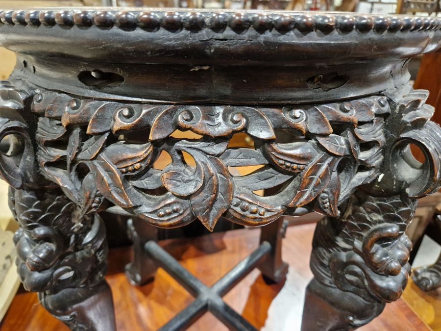 Chinese carved circular occasional table with marble inset top, united by cross stretchers, 56.5cm - Image 12 of 25