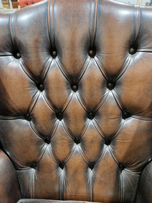 Pair of brown leatherette button upholstered Georgian-style armchairs with outscroll arms, - Image 9 of 37