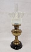 Brass and opaline glass oil lamp Condition ReportShade with small chip to rim, some small nibbles/