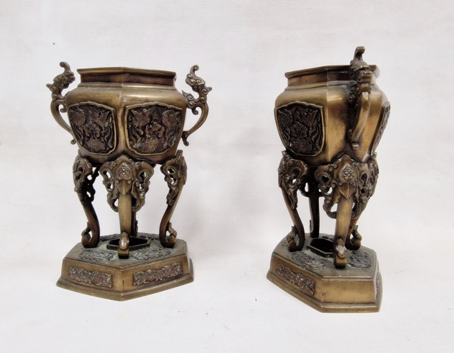Pair of 20th century Chinese bronze vases, each with twin handles and highly decorated embossing - Image 2 of 2
