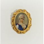 Italian 18ct gold pendant brooch with diamond set painted portrait, within floral and foliate