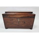 19th century rosewood sarcophagus-shaped tea caddy with two-compartment interior and mixing bowl,