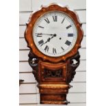 American drop-dial wall clock in carved and pierced case, brass stringing and floral inlaid